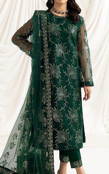Alizeh Bottle Green Net Suit | Pakistani Embroidered Chiffon Dresses- Image 1