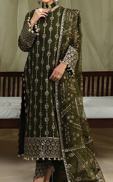 Alizeh Silver/Green Chiffon Suit | Pakistani Embroidered Chiffon Dresses- Image 1