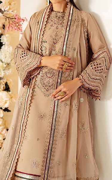 Alizeh Tan Raw Silk Suit | Pakistani Embroidered Chiffon Dresses USA- Image 3