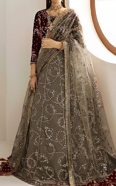 Alizeh Maroon/Dark Taupe Velvet Suit | Pakistani Embroidered Chiffon Dresses USA- Image 1