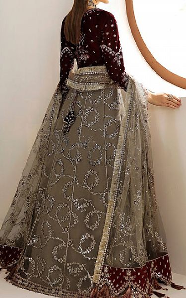 Alizeh Maroon/Dark Taupe Velvet Suit | Pakistani Embroidered Chiffon Dresses USA- Image 2