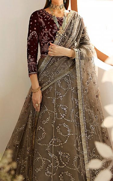 Alizeh Maroon/Dark Taupe Velvet Suit | Pakistani Embroidered Chiffon Dresses USA- Image 3