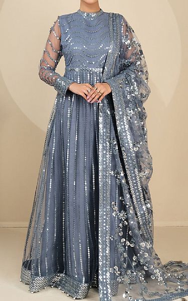 Alizeh Cadet Grey Net Suit | Pakistani Embroidered Chiffon Dresses- Image 1