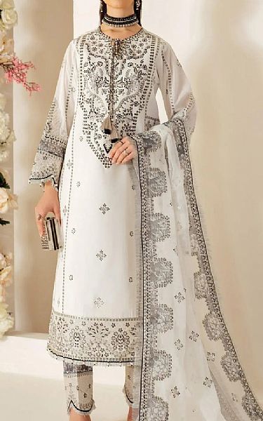 Alizeh Off White/Black Raw Silk Suit | Pakistani Embroidered Chiffon Dresses USA- Image 1