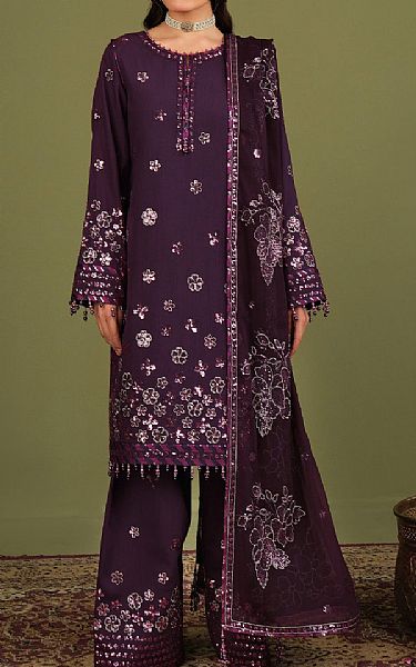 Alizeh Plum Purple Raw Silk Suit | Pakistani Embroidered Chiffon Dresses USA- Image 1