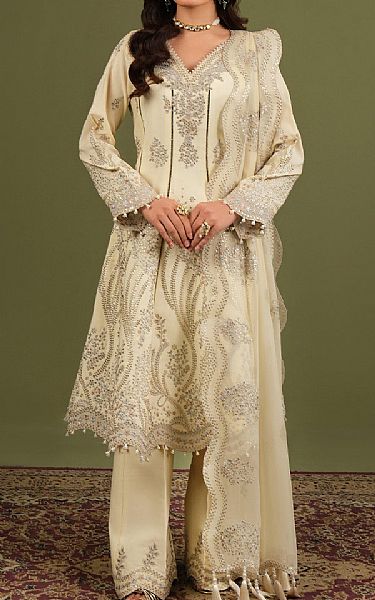 Alizeh Off White Raw Silk Suit | Pakistani Embroidered Chiffon Dresses USA- Image 1