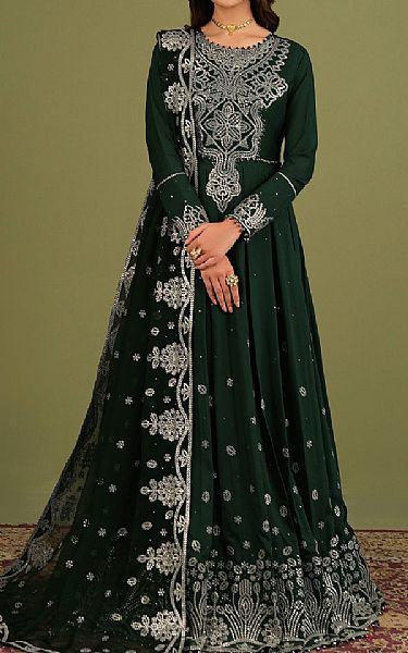 Alizeh Timber Green Raw Silk Suit | Pakistani Embroidered Chiffon Dresses USA- Image 1