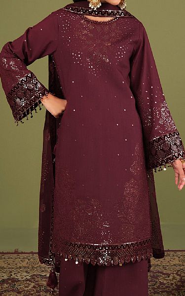 Alizeh Wine Berry Raw Silk Suit | Pakistani Embroidered Chiffon Dresses USA- Image 3