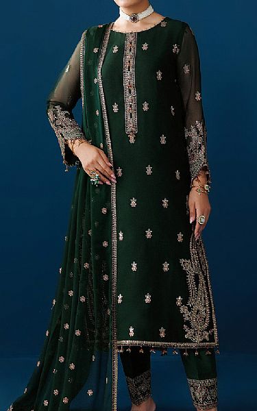 Alizeh Dark Green Chiffon Suit | Pakistani Embroidered Chiffon Dresses USA- Image 1