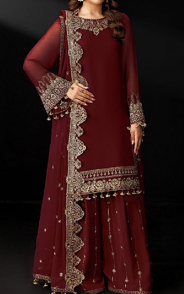 Alizeh Maroon Chiffon Suit | Pakistani Embroidered Chiffon Dresses USA- Image 1