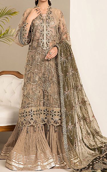 Alizeh Olive/Fawn Net Suit | Pakistani Embroidered Chiffon Dresses- Image 1