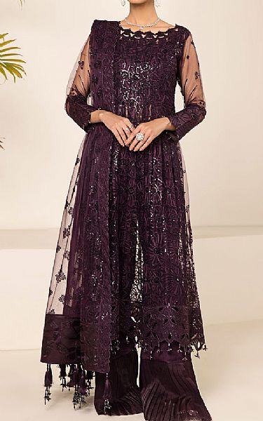 Alizeh Plum Net Suit | Pakistani Embroidered Chiffon Dresses- Image 1