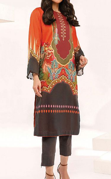 Alkaram Safety Orange/Black Lawn Kurti | Pakistani Dresses in USA- Image 1