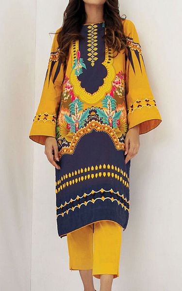 Mustard/Navy Blue Lawn Kurti | Pakistani Dresses in USA