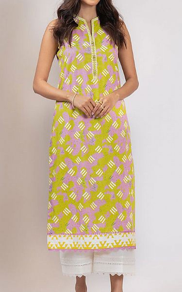 Alkaram Baby Pink/Lime Green Lawn Kurti | Pakistani Dresses in USA- Image 1