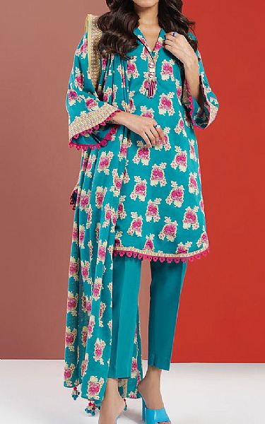 Alkaram Turquoise Cambric Suit | Pakistani Lawn Suits- Image 1