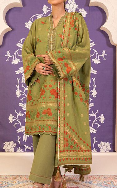 Alkaram Olive Green Jacquard Suit | Pakistani Lawn Suits- Image 1