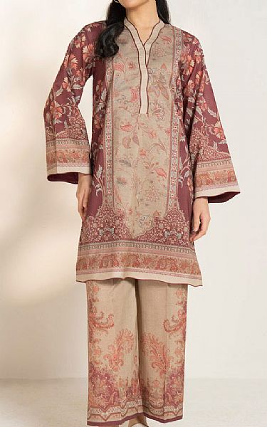 Alkaram Beige/Wine Lawn Suit (2 pcs) | Pakistani Lawn Dress in USA- Image 1