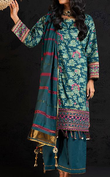 Alkaram Teal Slub Suit | Pakistani Embroidered Chiffon Dresses- Image 1