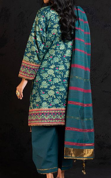 Alkaram Teal Slub Suit | Pakistani Embroidered Chiffon Dresses- Image 2