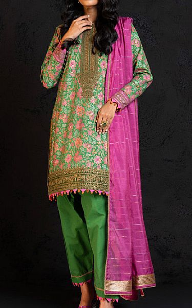 Alkaram Green Dobby Suit | Pakistani Embroidered Chiffon Dresses- Image 1
