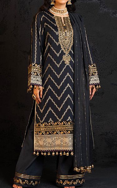 Alkaram Black Dobby Suit | Pakistani Embroidered Chiffon Dresses- Image 1