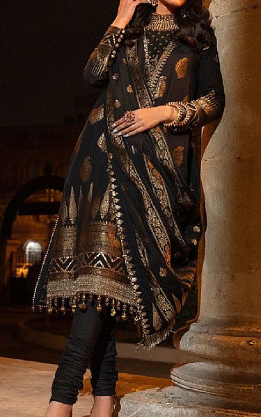 Alkaram Black Jacquard Suit | Pakistani Embroidered Chiffon Dresses- Image 1