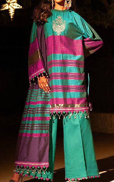Alkaram Teal Yarn Dyed Suit (2 pcs) | Pakistani Embroidered Chiffon Dresses- Image 1