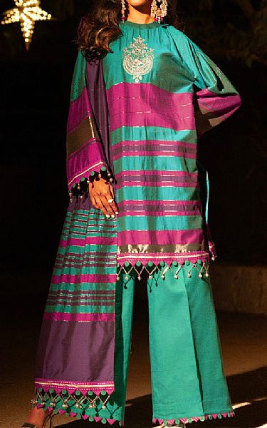 Alkaram Teal Yarn Dyed Suit (2 pcs) | Pakistani Embroidered Chiffon Dresses USA- Image 1