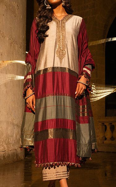 Alkaram Beige/Falu Red Yarn Dyed Suit (2 pcs) | Pakistani Embroidered Chiffon Dresses- Image 1