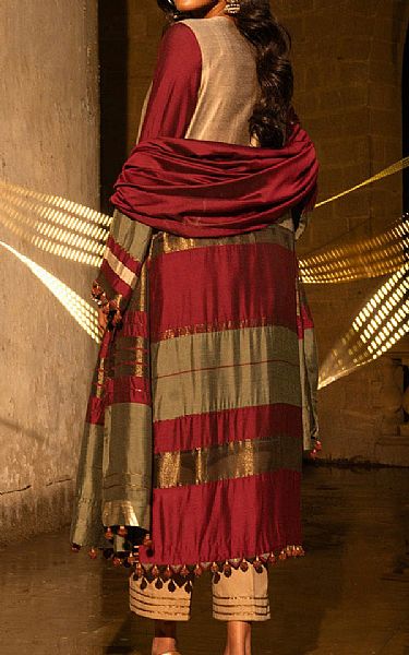 Alkaram Beige/Falu Red Yarn Dyed Suit (2 pcs) | Pakistani Embroidered Chiffon Dresses- Image 2