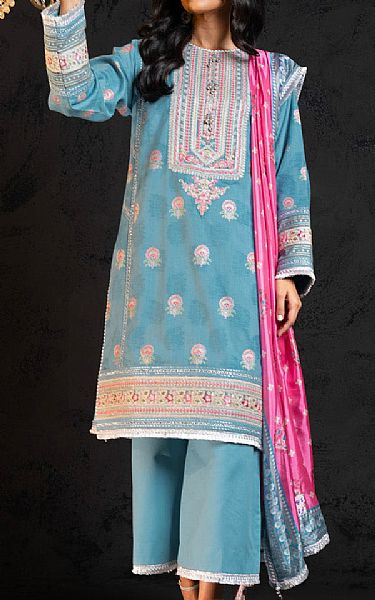 Alkaram Light Blue Jacquard Suit | Pakistani Embroidered Chiffon Dresses- Image 1