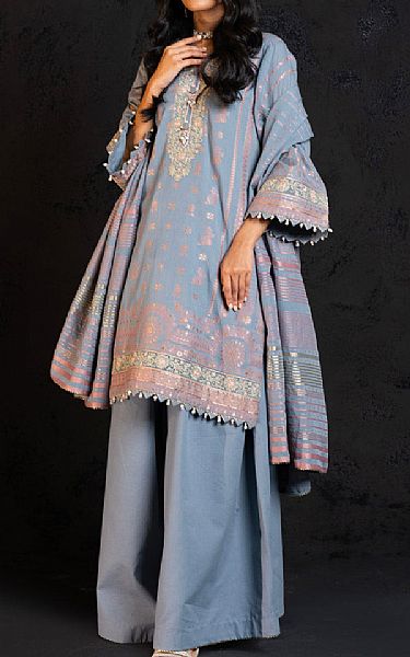 Alkaram Rock Blue Jacquard Suit | Pakistani Embroidered Chiffon Dresses- Image 1