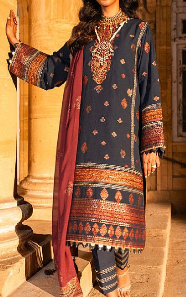 Alkaram Navy Blue Jacquard Suit | Pakistani Embroidered Chiffon Dresses- Image 1