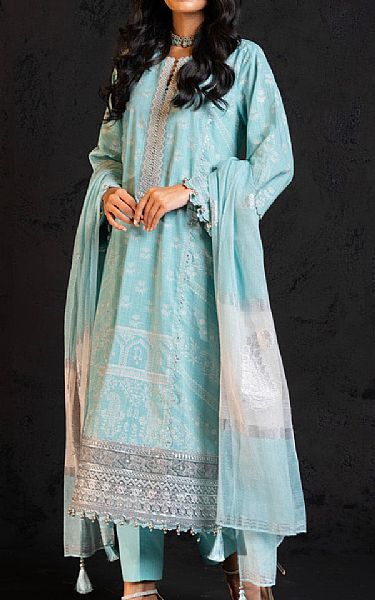 Alkaram Sky Blue Slub Suit | Pakistani Embroidered Chiffon Dresses- Image 1