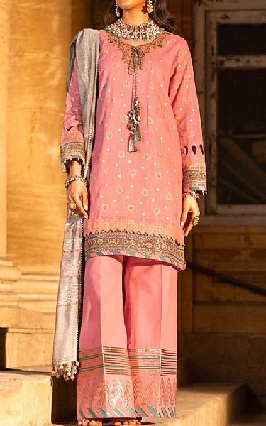 Alkaram Tea Pink Slub Suit | Pakistani Embroidered Chiffon Dresses- Image 1