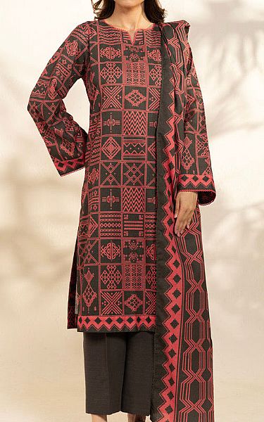 Alkaram Coral/Grey Khaddar Suit (2 Pcs) | Pakistani Winter Dresses in USA- Image 1