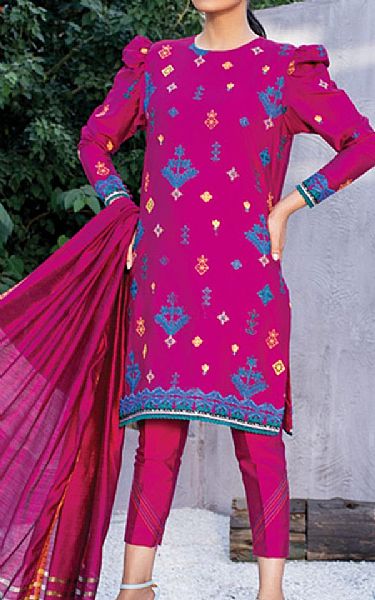 Alkaram Shocking Pink Silk Suit | Pakistani Winter Dresses- Image 1