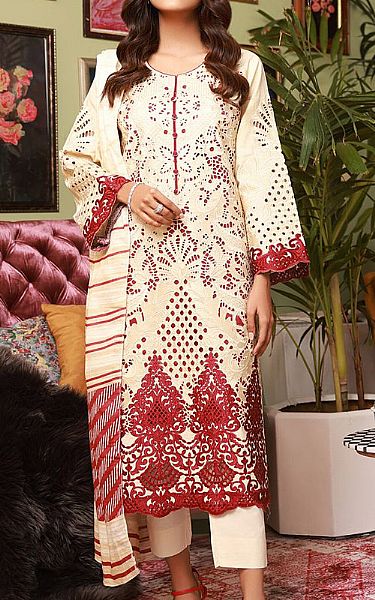 Alkaram Off-white Cotton Satin Suit | Pakistani Dresses in USA- Image 1