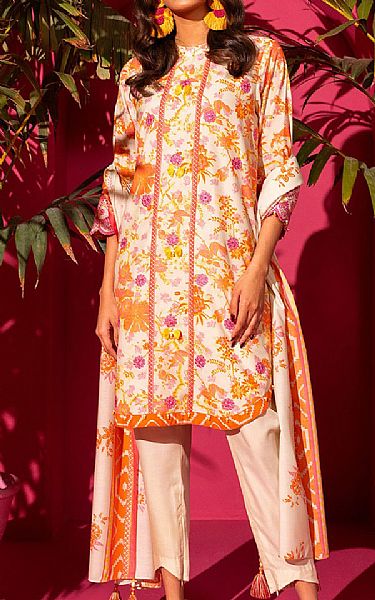 Alkaram Ivory/Peach Lawn Suit | Pakistani Lawn Suits- Image 1