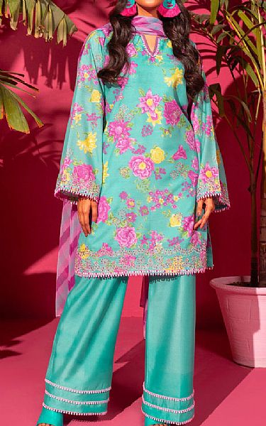 Alkaram Turquoise Lawn Suit | Pakistani Lawn Suits- Image 1