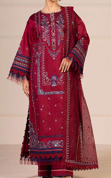 Alkaram Wine Red Cotton Net Suit | Pakistani Lawn Dress in USA- Image 1