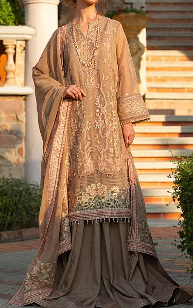 Alkaram Sand Brown Organza Suit | Pakistani Embroidered Chiffon Dresses USA- Image 1