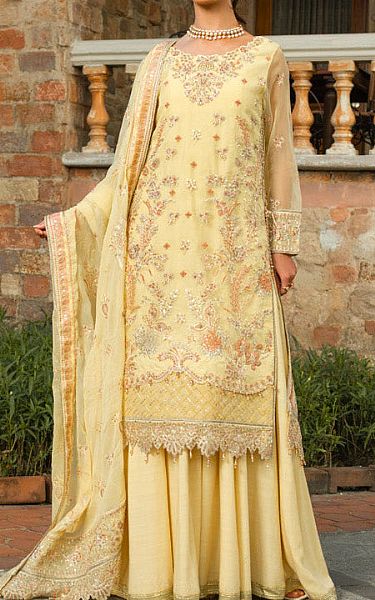 Alkaram Butter Yellow Organza Suit | Pakistani Embroidered Chiffon Dresses USA- Image 1