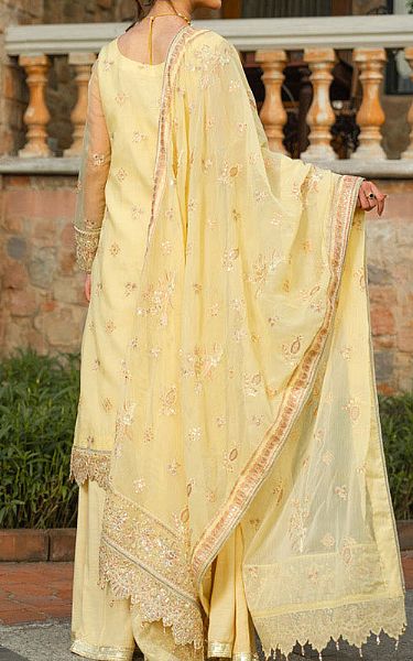 Alkaram Butter Yellow Organza Suit | Pakistani Embroidered Chiffon Dresses USA- Image 2