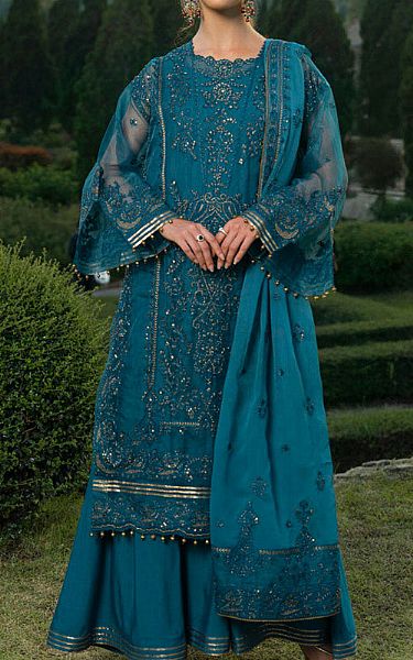 Alkaram Teal Organza Suit | Pakistani Embroidered Chiffon Dresses USA- Image 1