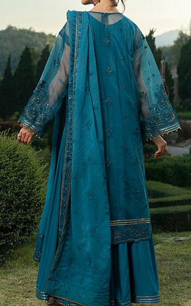 Alkaram Teal Organza Suit | Pakistani Embroidered Chiffon Dresses USA- Image 2