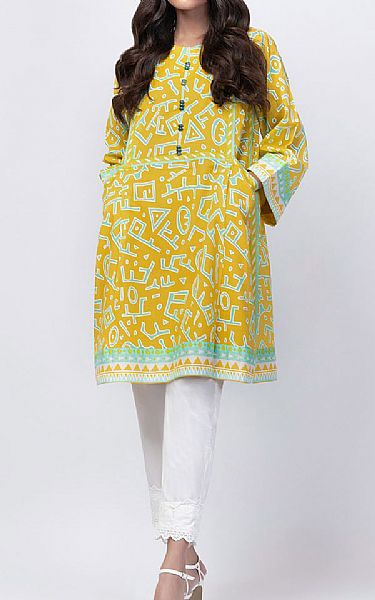 Alkaram Golden Yellow Lawn Kurti | Pakistani Dresses in USA- Image 1