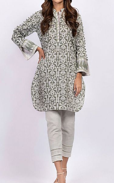 Alkaram Light Grey Khaddar Kurti | Pakistani Dresses in USA- Image 1