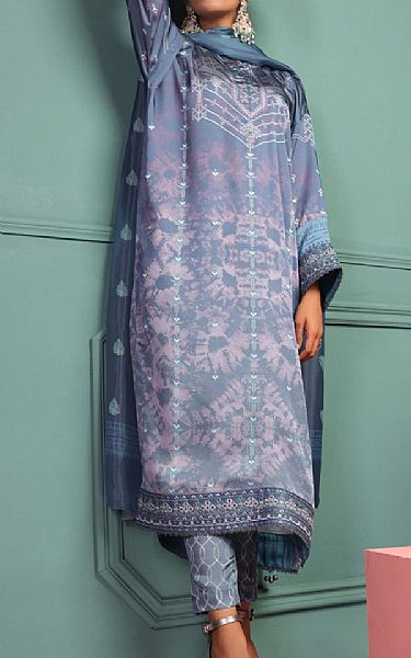 Alkaram Cornflower Blue Silk Suit | Pakistani Winter Dresses- Image 1